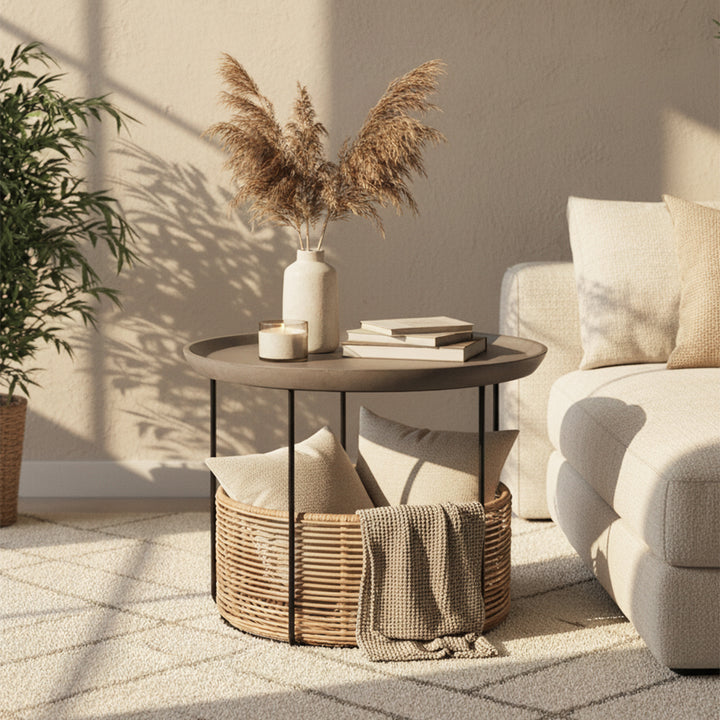 Masa de cafea gri din fibrociment si ratan Boho Nest