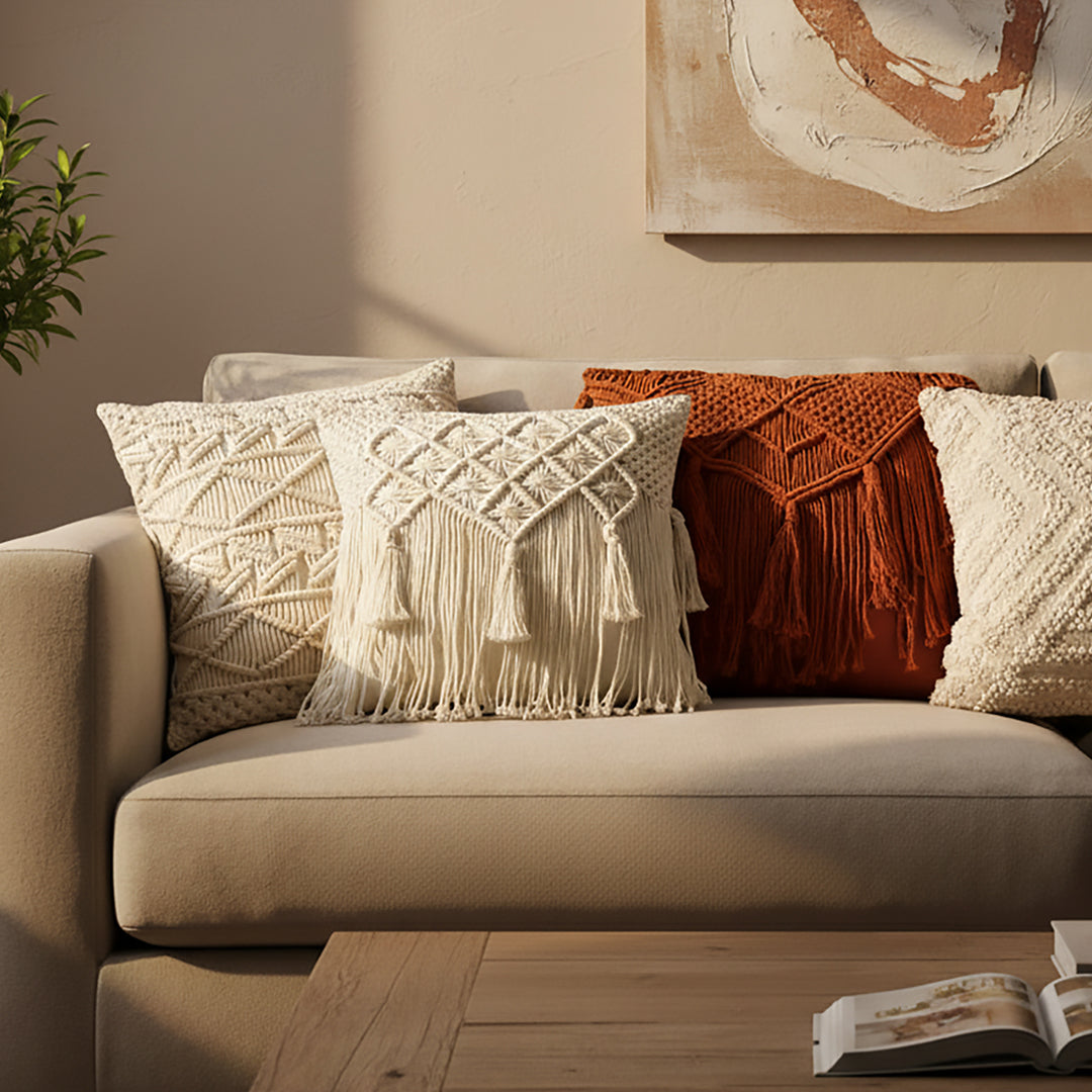 Fata de perna ivoire din macrame si bumbac Makra 40x40cm