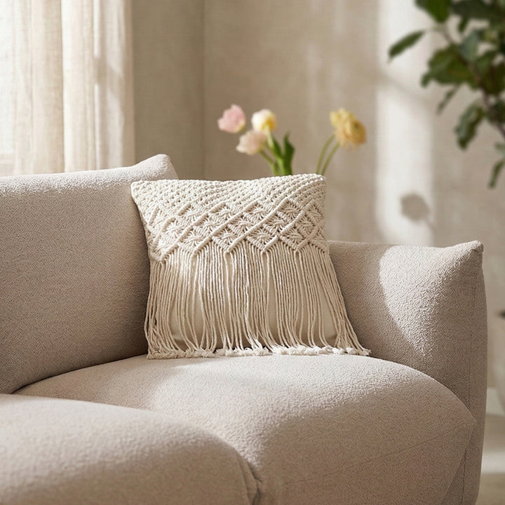 Fata de perna ivoire din macrame si bumbac Kapas 40x40cm