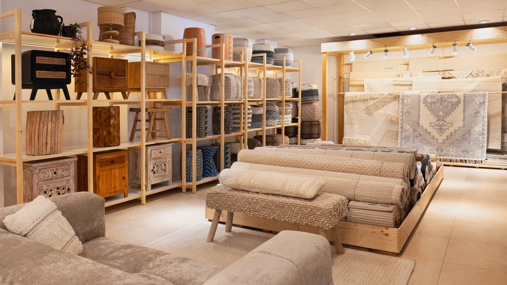 Covoare si textile din fibre naturale expuse in showroom, alaturi de mobilier din lemn masiv, noptiere, taburete si decoratiuni artizanale pentru amenajari interioare calde si naturale.